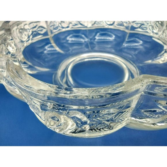 Pressed Glass Dish Bowl Embossed Roses Ornate Handles Vintage Pedestal Bottom - Picture 8 of 15